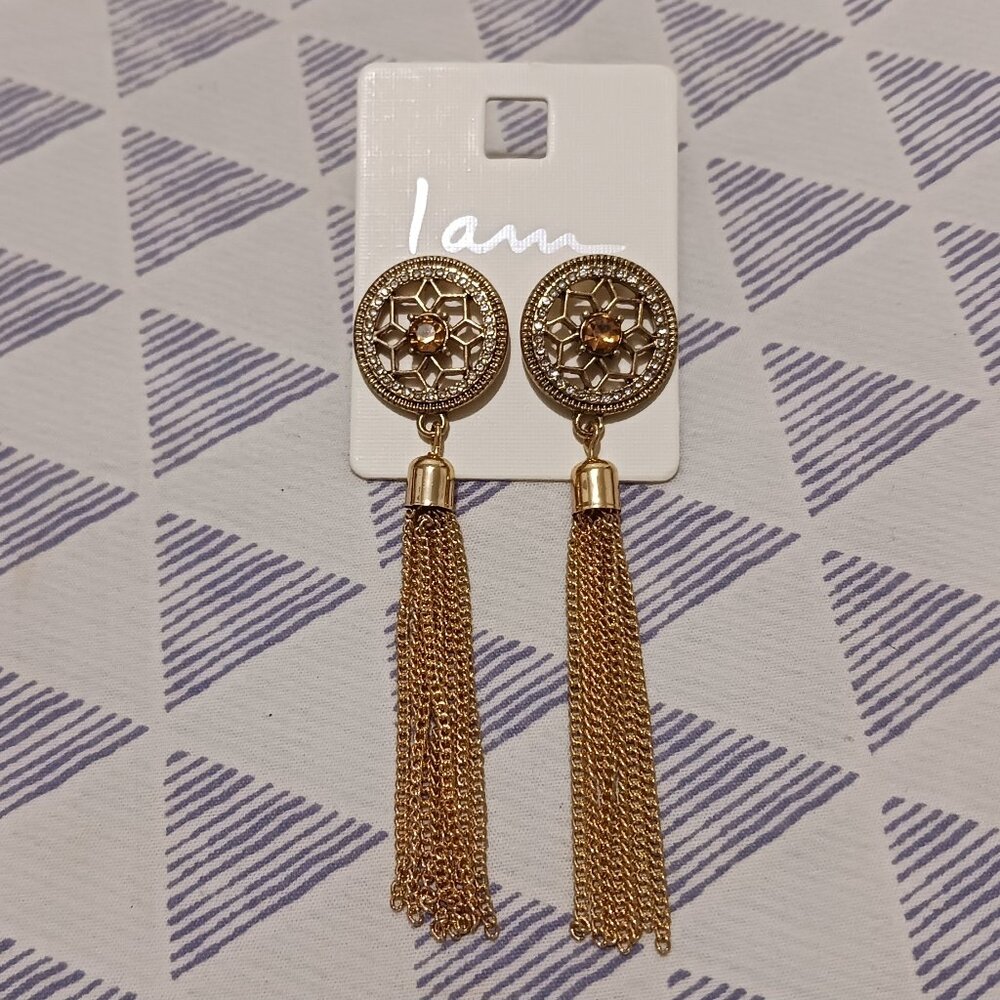I Am Fashion Jewelry Gold Tone Medallion Long Fringe Chain Tassel Drop Earrings